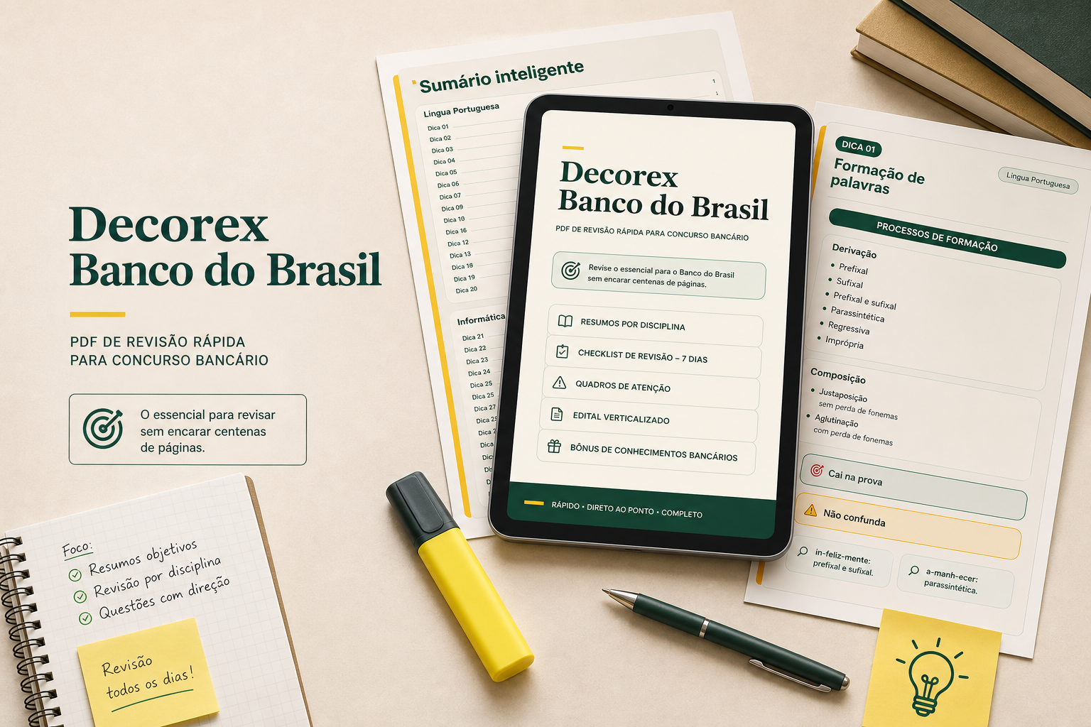 Mockup do Decorex Banco do Brasil com páginas de dicas, sumário inteligente e quadros de revisão
