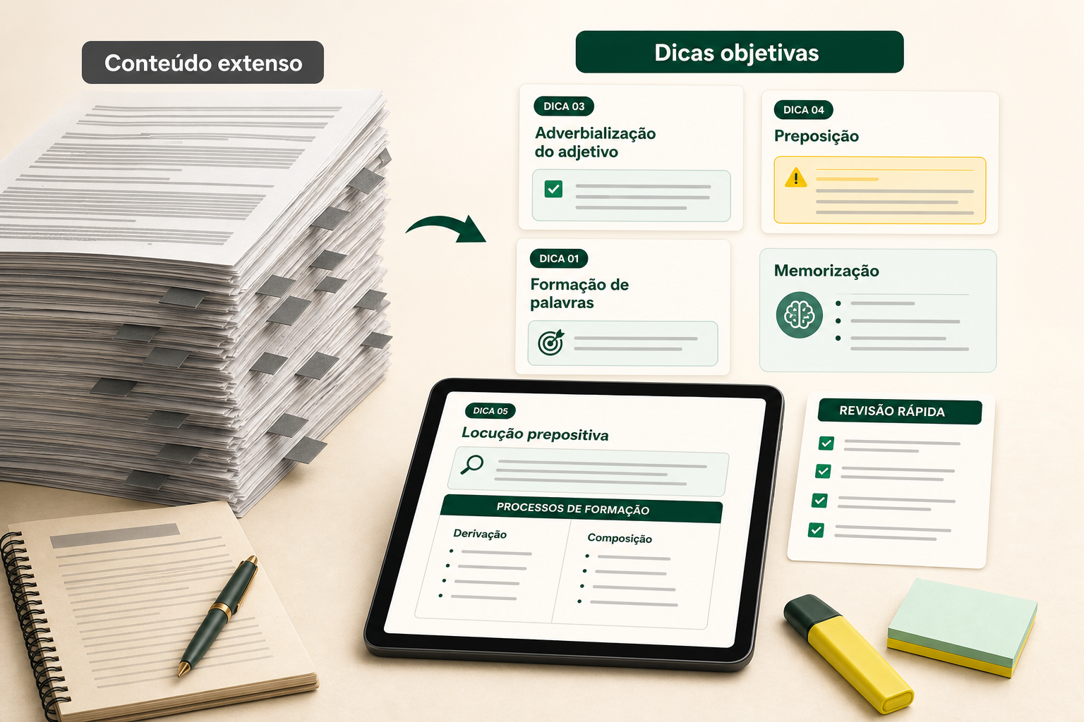 Visual mostrando conteúdo extenso sendo transformado em dicas objetivas, memorização e revisão rápida